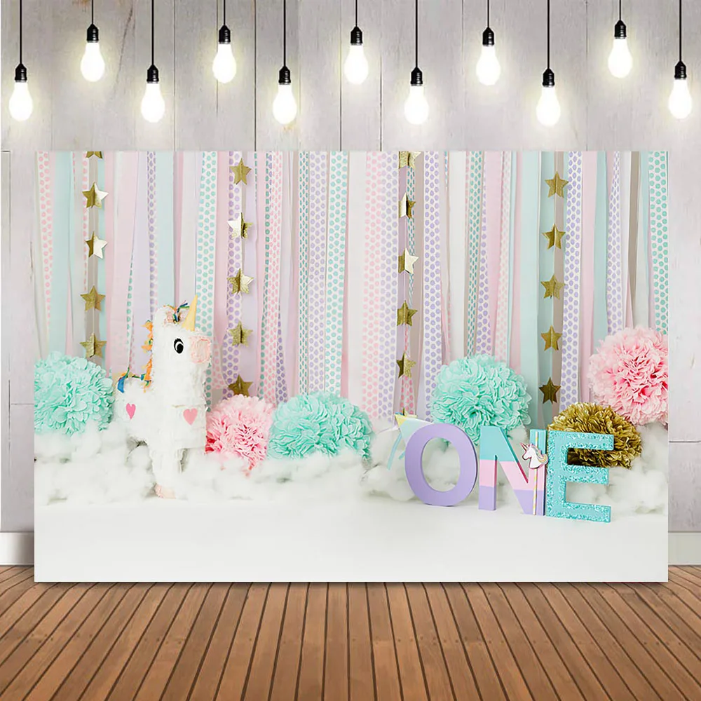 Unicorm Theme Newborn Baby Photoshoot Backdrop for Photography Studio Children Cake Smash Portrait White Clouds 1st Birtdhay