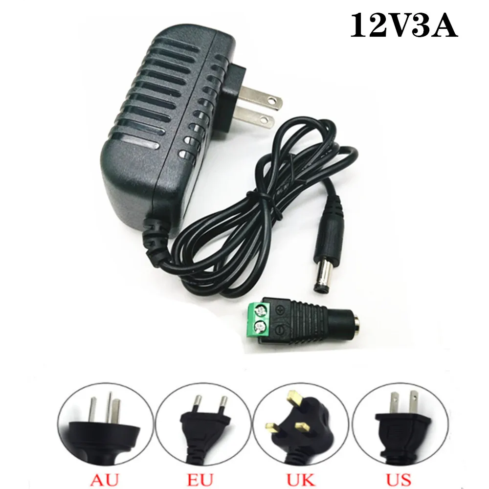 EU Plug AC 100-240V To DC 12V 1A 2A 3A 12W 24W 36W Power Supply Adapter Cord for LED Strip Light / With Connector