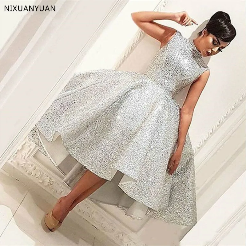 Arabric Evening Dress 2023 New High Neck Sequin Prom Dresses Sparkly Tea Length Vestidos De Gala