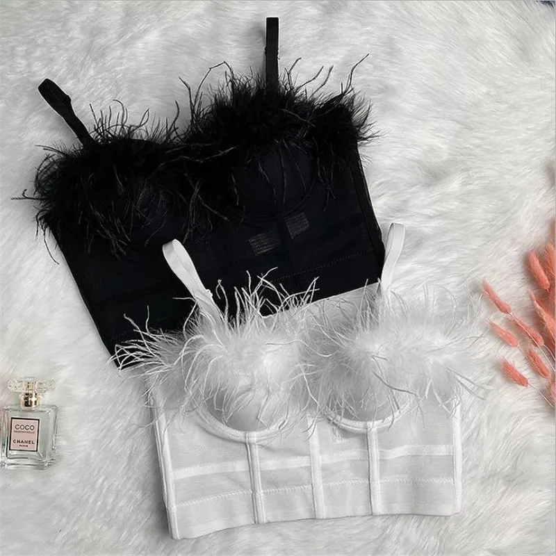 2023 New Women Camisole Ostrich Feather Fashion Sexy Backless Cropped Top Bustier Bra Night Club Party Tank Tops Y478