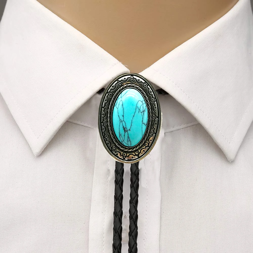 Oval shape tuquoise white stone  bolo tie for man cowboy western cowgirl lather rope zinc alloy necktie