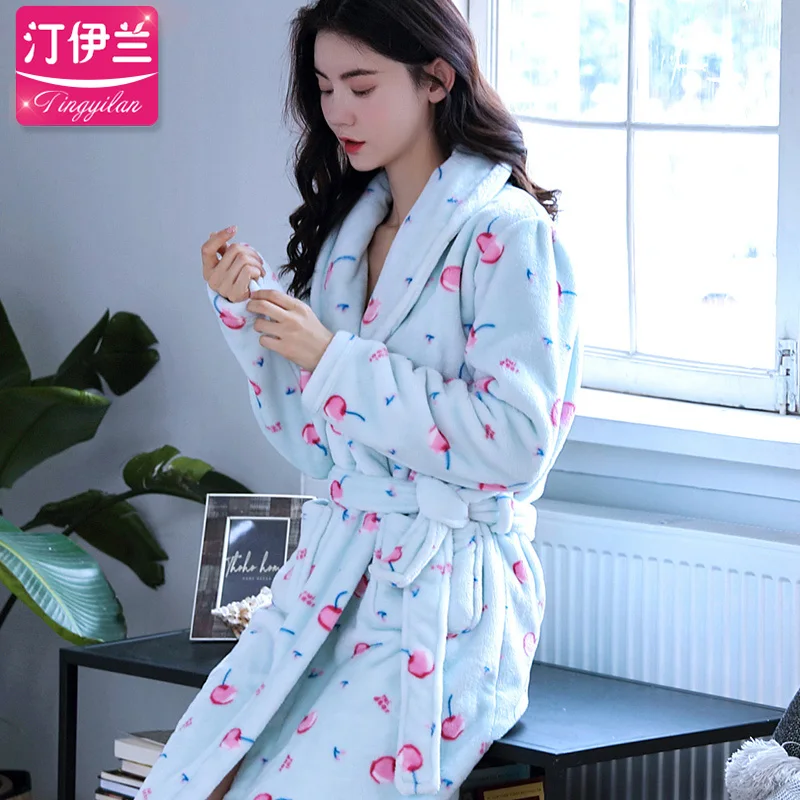 H5922 Flannel Women Robes Autumn Winter Cherry Print Nightgown Female Thickened Coral Velvet Nightwear Student Girls Bathrobe