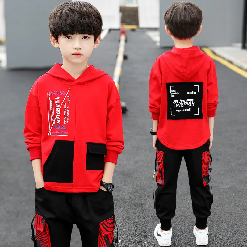 Hooded Red Spring Summer Children\'s Clothes Suit Baby Boys Sweatshirts + Pants 2pcs/Set Teenage Top Sport Costume For Kids Stree