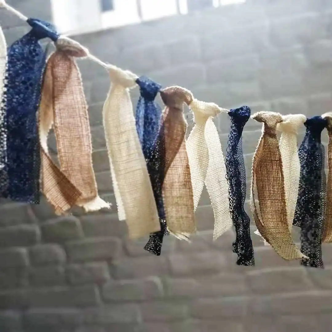 Banderines de encaje azul para decoración del hogar, Bandera de arpillera rústica de yute Vintage, de 2m, para fiesta de boda