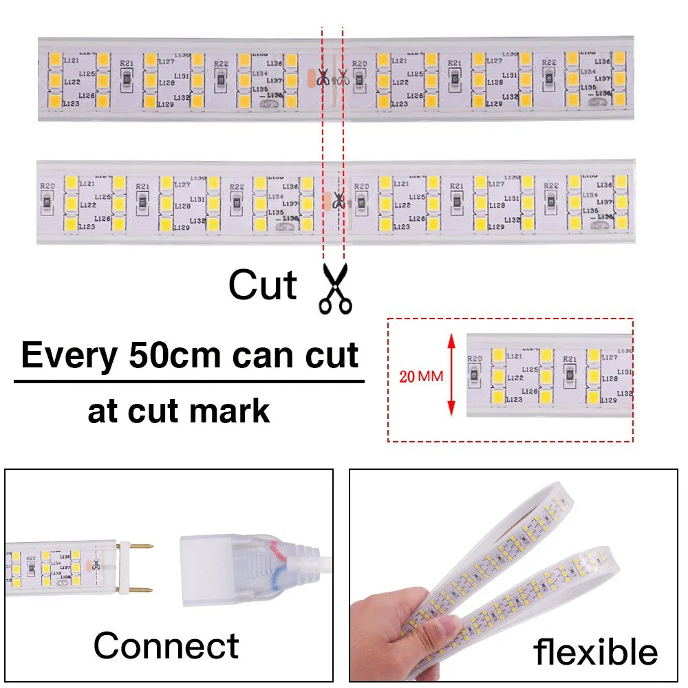 276 LEDS/M Drie Rij LED Strip 220 V 240 V EU Schakelaar Plug Super Helderder Waterdicht Buitengebruik SMD 2835 Flexibele Lint LED Licht