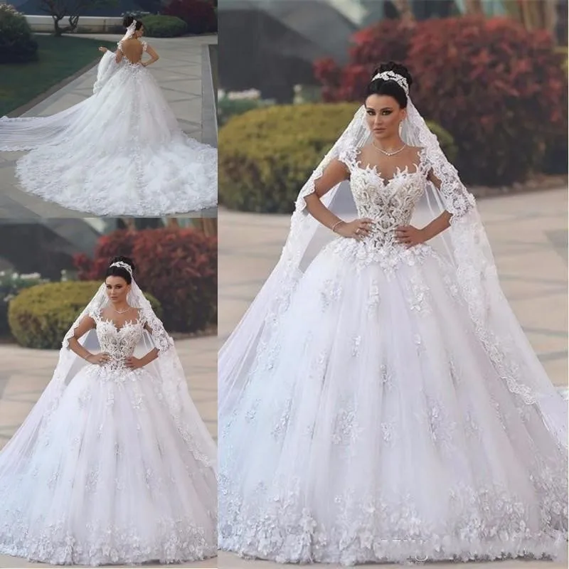 Robe de bal de luxe arabe, tenue de mariée en Tulle bouffant avec des Appliques en dentelle et des manches à dos ouvert, nouvelle collection