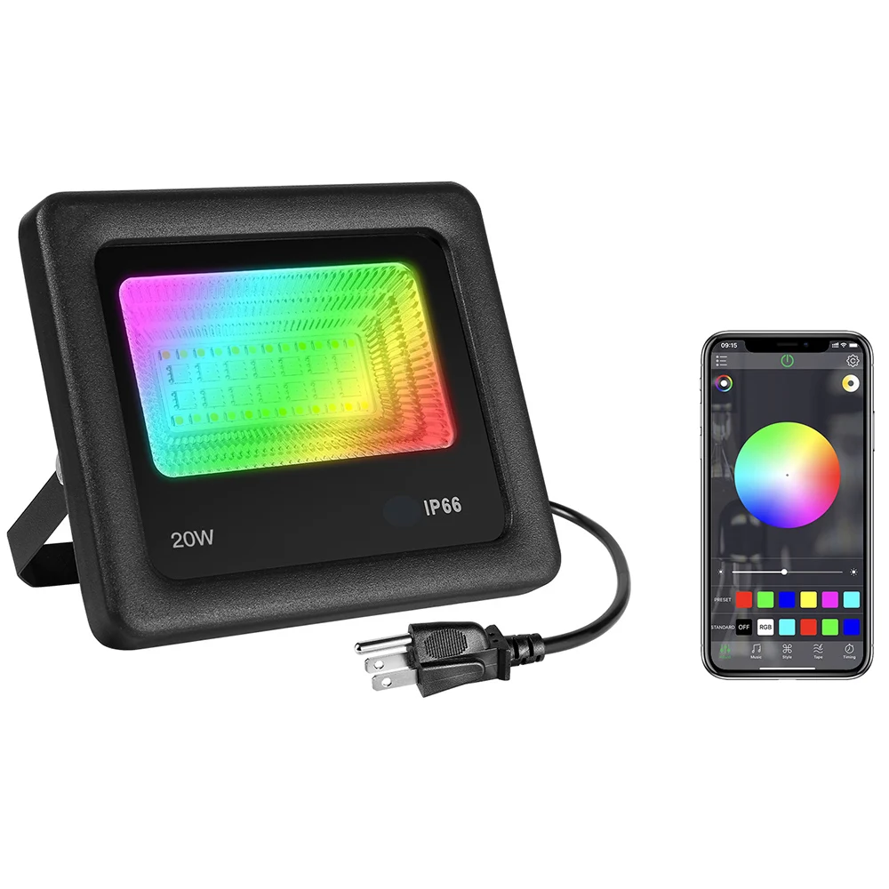 16 Million Colors 27 Modes LED Flood Lights RGB Color Changing 20W Bluetooth APP Control IP66 Waterproof Outdoor Dimmable D30