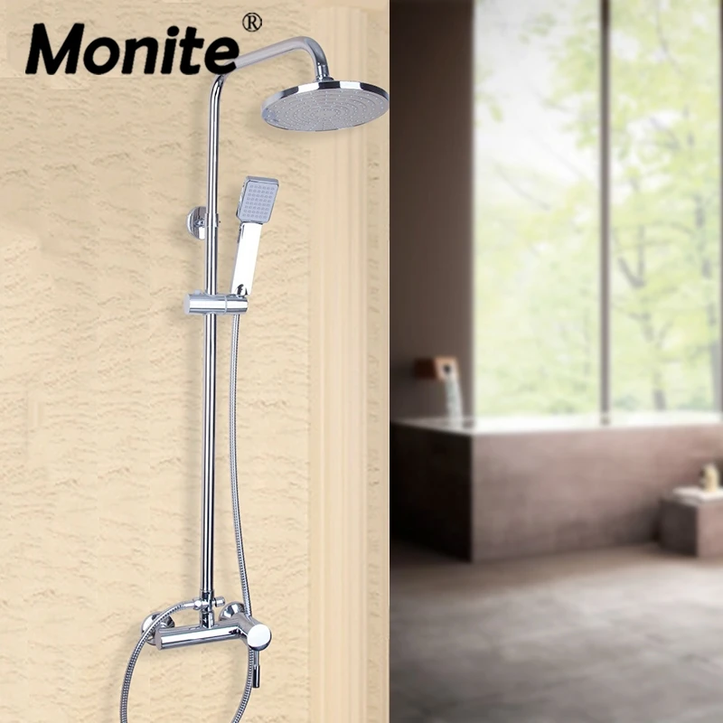 

Monite Chrome Polished Bathroom Wall Mounted Shower Faucet Set Round 8 Inch Shower Head Shower Mixer Faucet Set