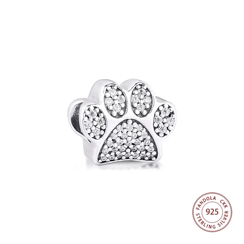 

100% Real 925 Sterling Silver Bead Paw Prints Charms Crystals Beads Fits Original Pandora Bracelets DIY Jewelry Bijoux Femme