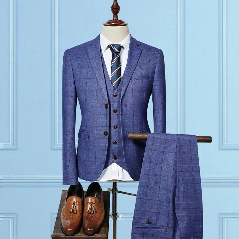 Trajes de boda a cuadros para hombre, esmoquin de buena calidad con un solo botón, 3 piezas (chaqueta + pantalón + chaleco)