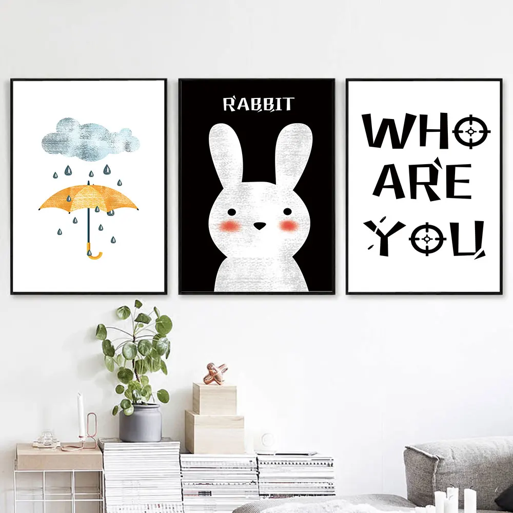 Cartoon Poster Animals Rabbit Umbrella Canvas Painting Wall Art Nordic Posters and Prints Wall Pictures for Living Room Decor