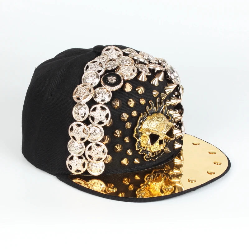 wholesale hot sale heavy metal rivet snapback hop hats colored flat brim Baseball caps