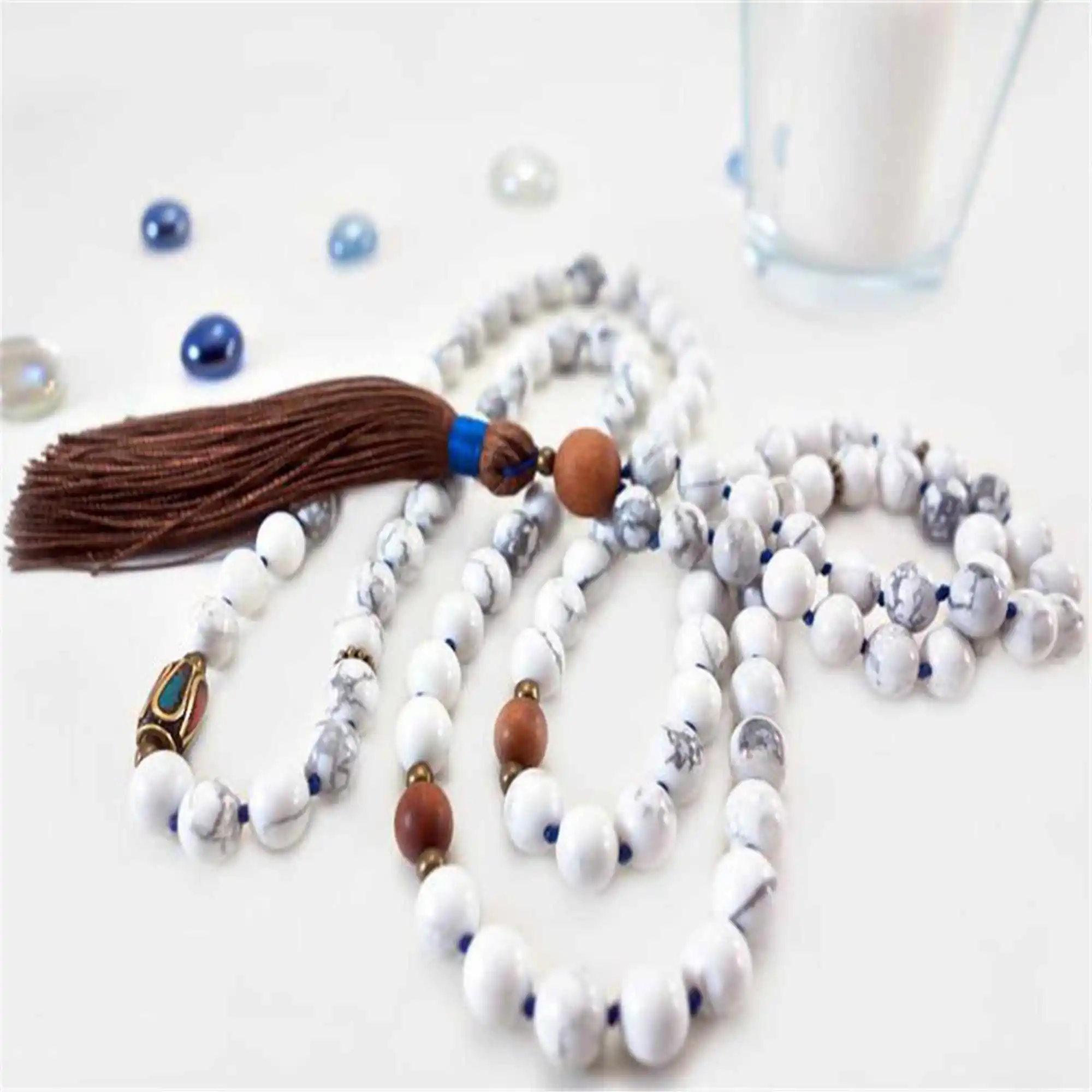 8mm Knot Howlite 108 Buddha Beads Bracelet Necklace Metal Women Yoga Hipster Opera length Couples Wood Religious Mala