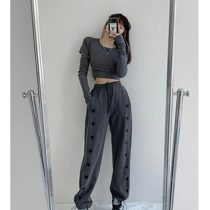 Korean Women Casual Loose Heart Print Streetwear Sweatpants Femme High Waist Harajuku Trousers Wide Leg Sport Jogger Harem Pants