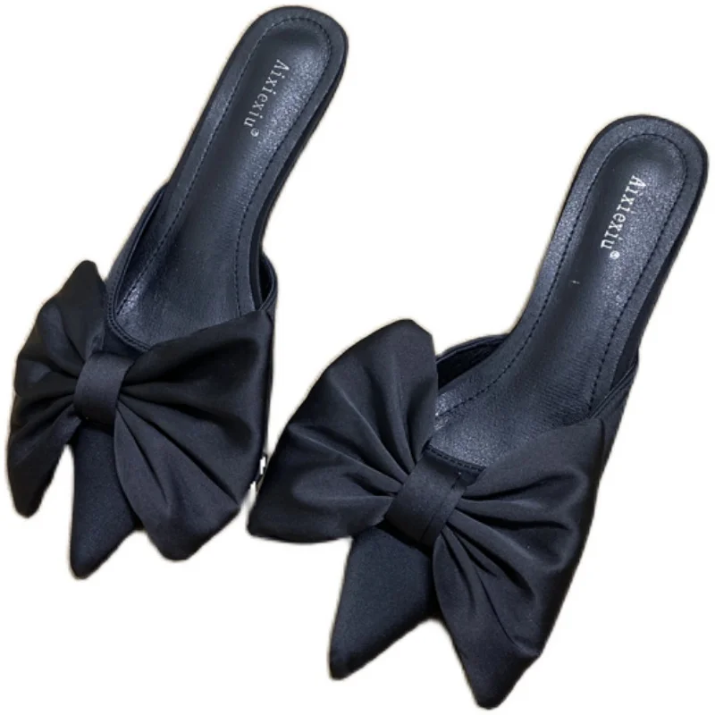 2021 Spring Pointed Toe Stiletto Heel Kitten Heels Bow Heel-Free Slippers for Women