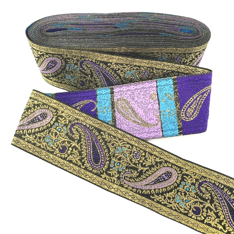 ZERZEEMOOY 2 inch 50MM 10 Yards Woven Jacquard Ribbon Spun Gold Trims Quilt Accessories Classical Style Purple And Blue