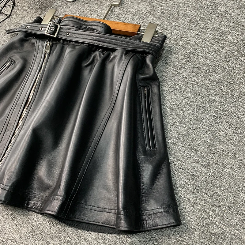 Women Sheepskin Sashes Zipper A-Line Short Skirts Punk Style Genuine Leather High Waist Black Mini Skirts Fashion Pleated Skirt