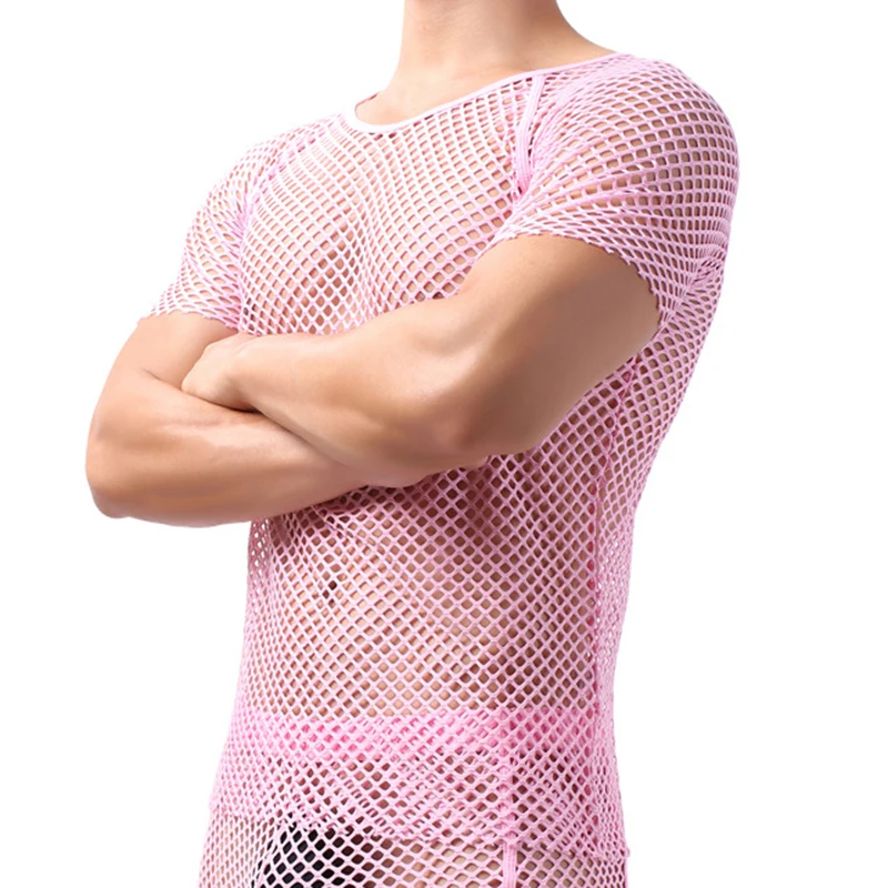 Camicia A Rete Uomo Maniche Corte - Trasparente, Sexy, Girocollo Crop Top - Rosa, Taglia M - 6