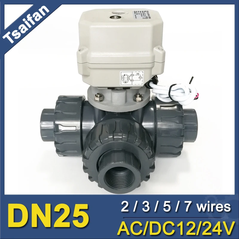 

DN25 3-way PVC electric control water valve DC24V electric motor control ball valve with manual override used for auto system