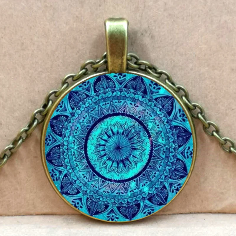 Vintage Glass Dome Necklace Buddhist Chakra Glass Convex Pendant Jewelry Om Indian Yoga Mandala Necklace for Unisex