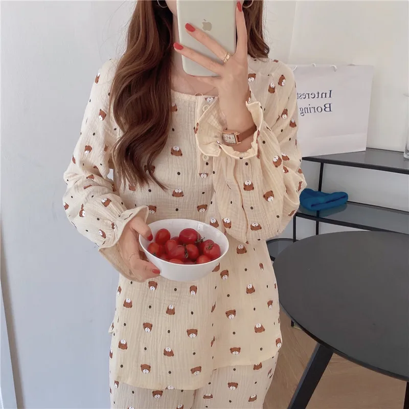 

Spring New Female Women Long Sleeve Loose 100% Contton Pjs Pyjamas Pullover Suit Sleepwear Homewear 2pcs Bear Print Pajamas Set