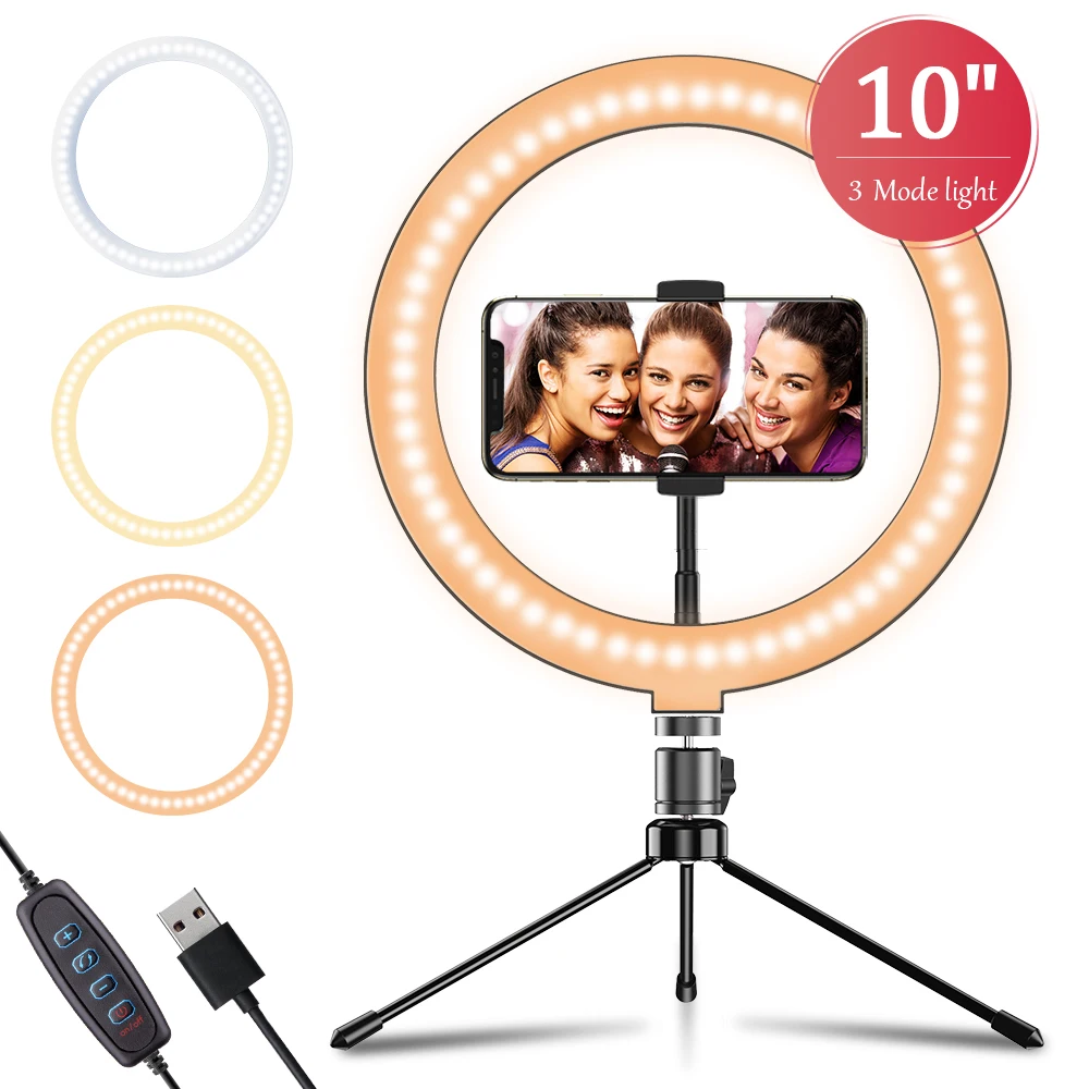 10-Inch LED Ring Light USB Desktop Flood Lamp Tripod Stand Kit Camera Phone Selfie For Youtube Live Video Photography Ringlight