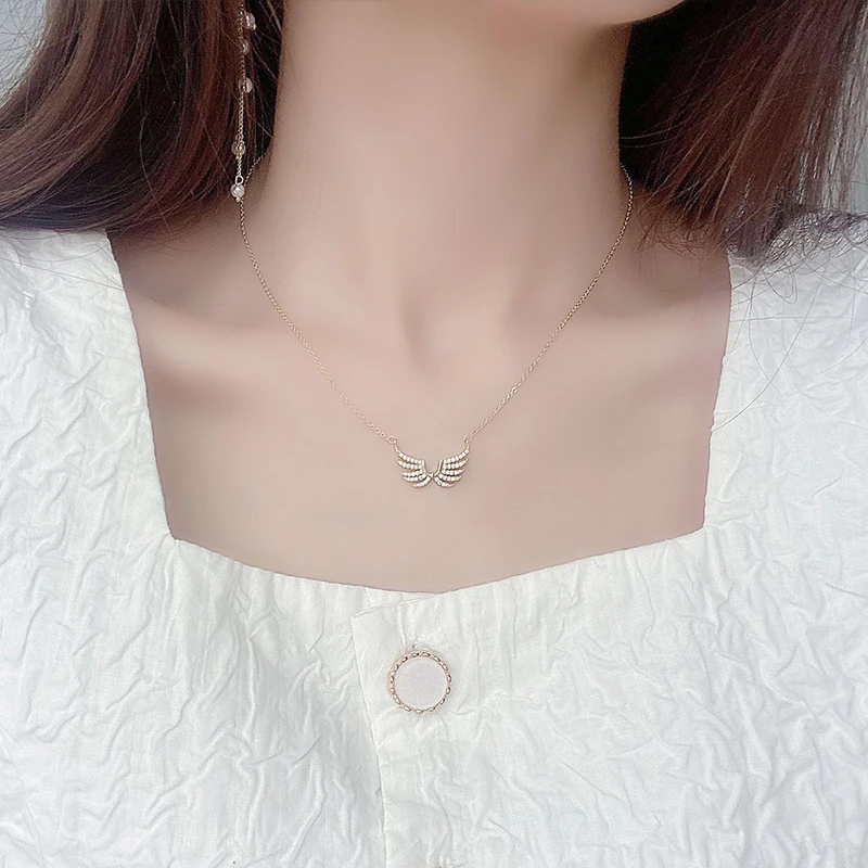 14k Plated Gold Exquisite simplicity Angel Wings Necklace Charm Short Design Clavicle Zircon Women Kolye Birthday Gift Pendant