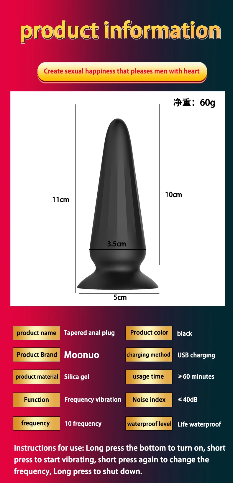 Moonuo Silica Black Remote Control Cone Anal Plug Vibrator Wireless USB Charge Waterproof Male Masturbator Sex Toys