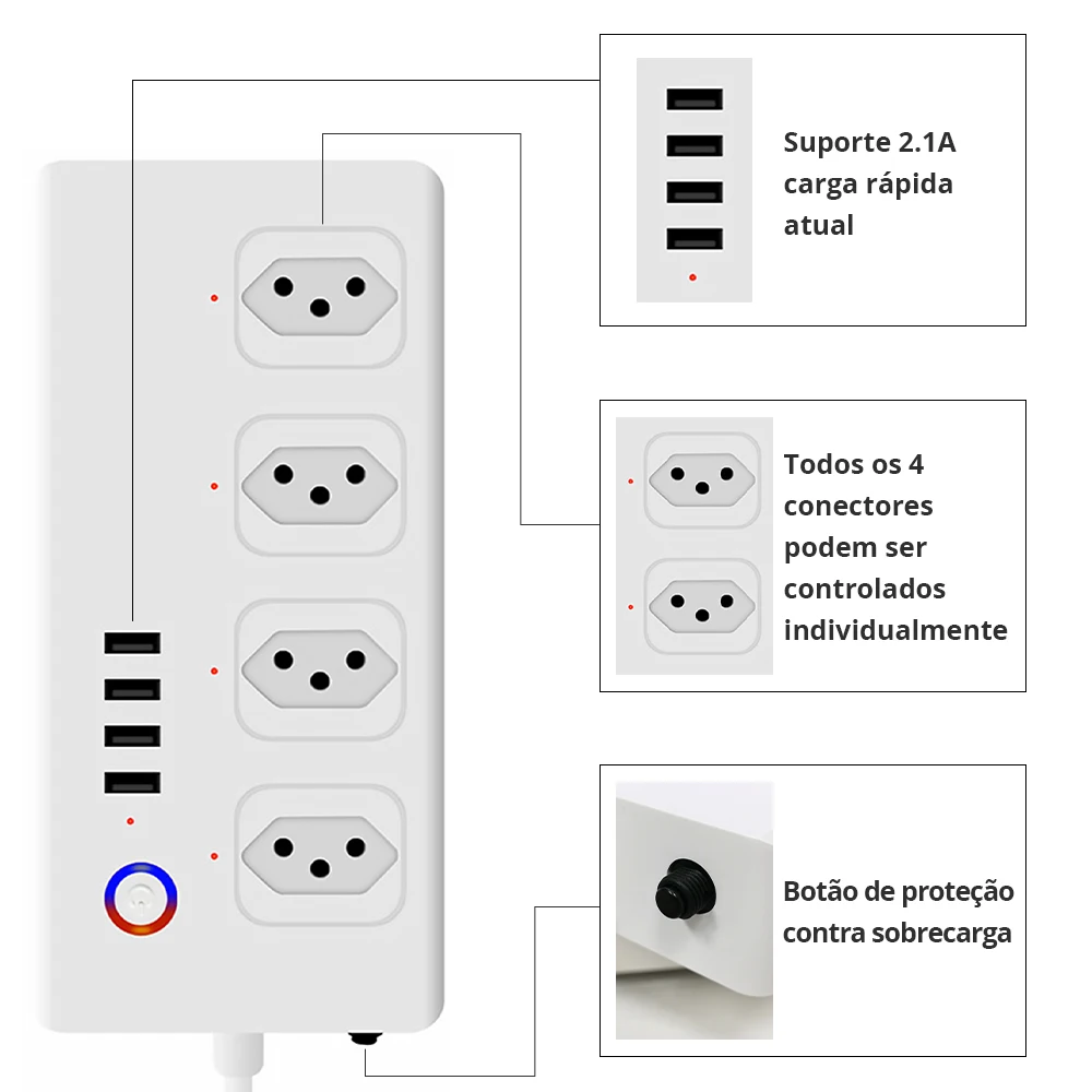 Zigbee-10A 플러그 Filtro de Linha 4 indiviais Disjuntores 2.1A USB Tuya Tomada Inteligente Protetor Eletronico Smartthings 앱