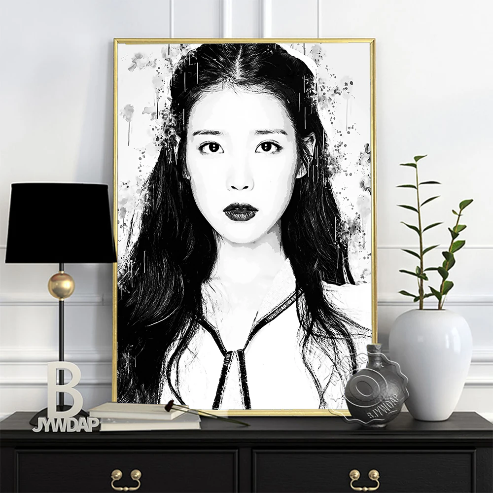 South Korean Singer-Songwriter Iu Poster, Lee Ji Eun Black White Portrait Art Prints, Minimalism Fans Collect Home Wall Decor