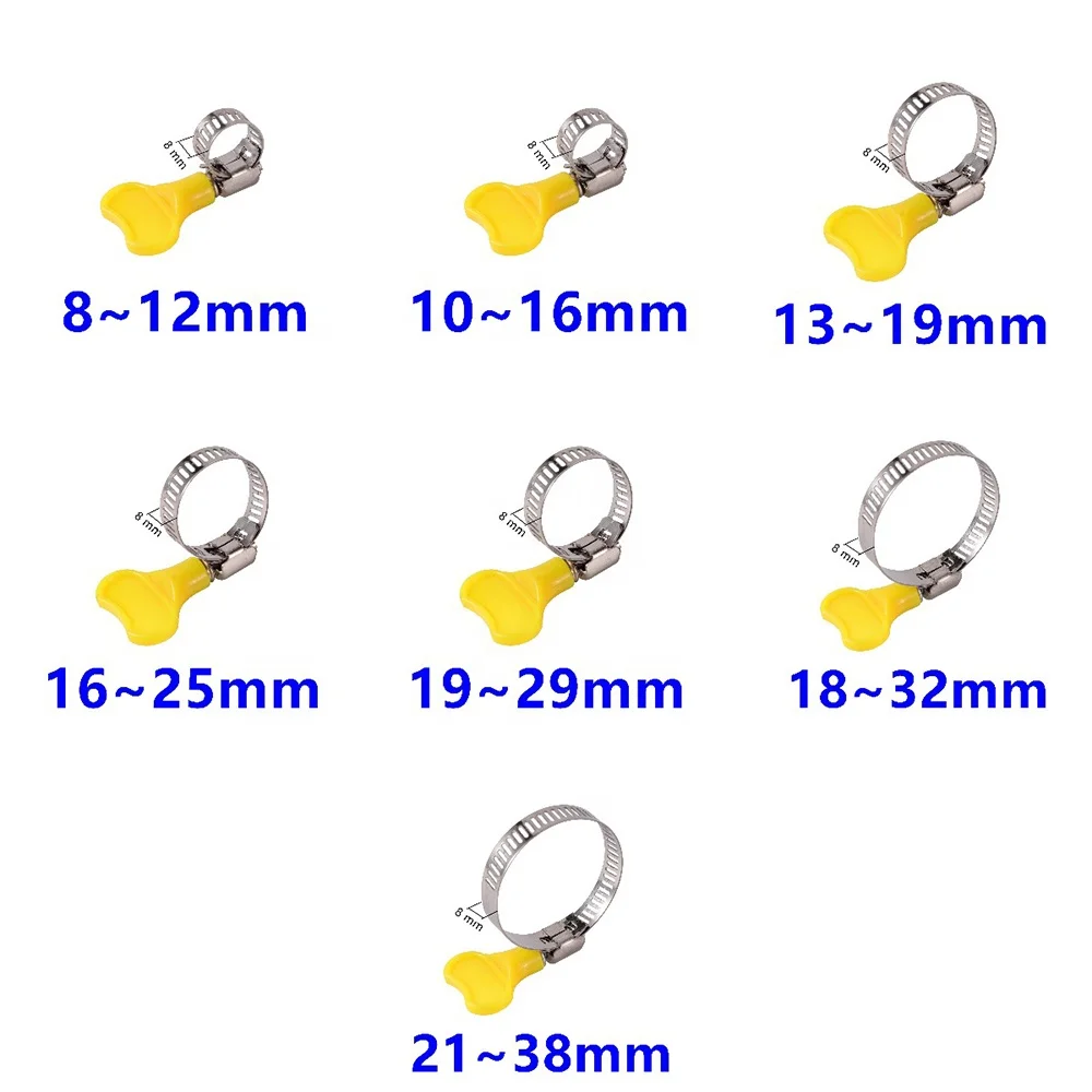 1 5 10 pcs 8-44mm Adjustable Yellow Plastic Handle Hand Twist Hose Clamps Worm Driving  201 Stainless steel Pipe Clips For Tube