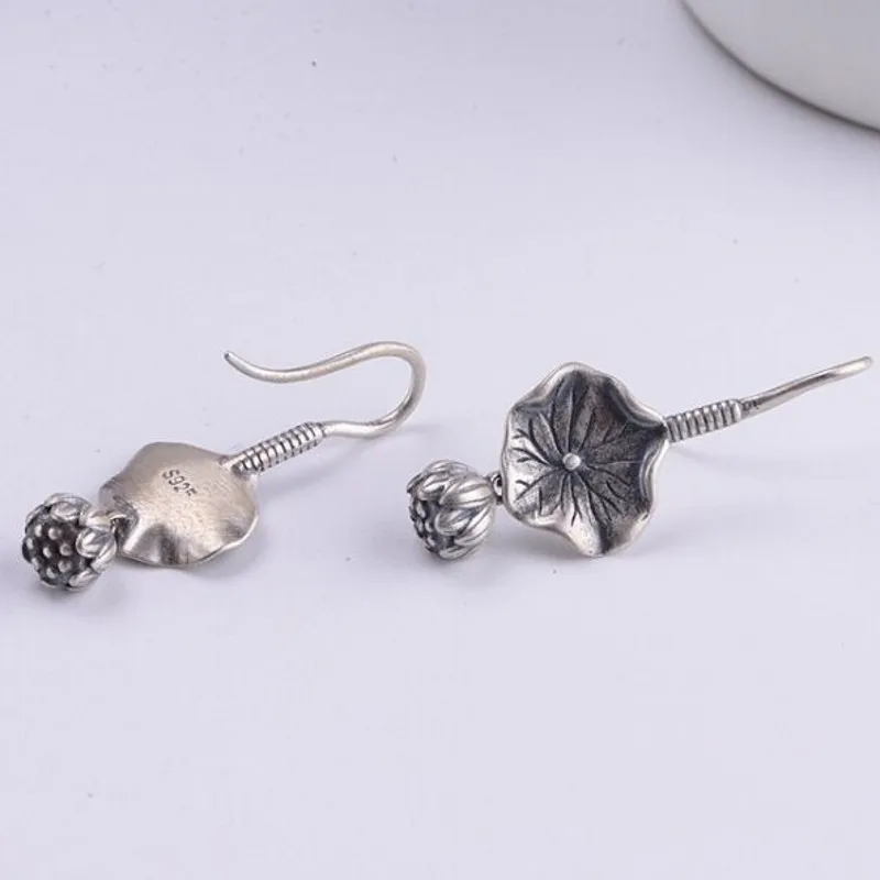 S925 silver vintage ethnic style lotus leaf fringed lotus earrings Thai silver woman's earrings