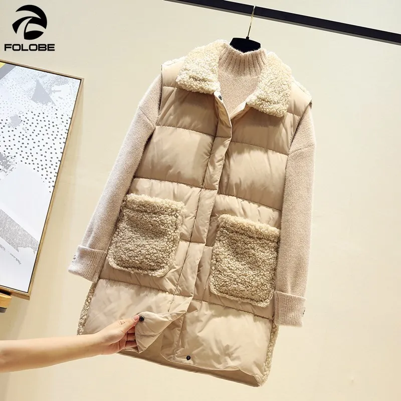 FOLOBE Spring Long Vest Women New Single Breasted Casual Lamb Padded Cotton Vest Women Fashion Patch Designs Thick  Warm Gilet