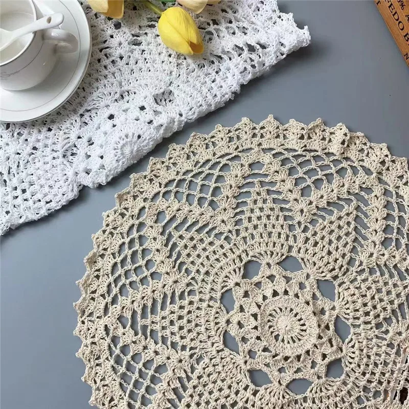 40CM Round Luxury White Beige Cotton Crochet Flowers Lace Table Cloth Dining Placemat Coffee Tea Cup Mat Wedding Christmas Pad