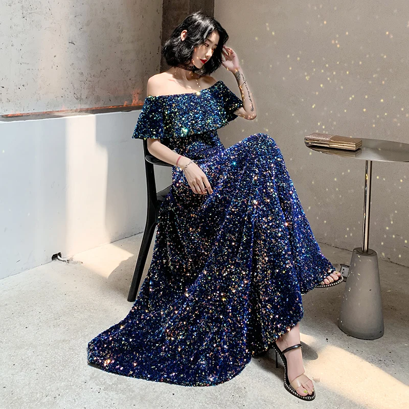 New Sequins Evening Dress Long Vintage Prom Dress Shiny Off the Shoulder Gown A- Line Banquet Formal Party Dress