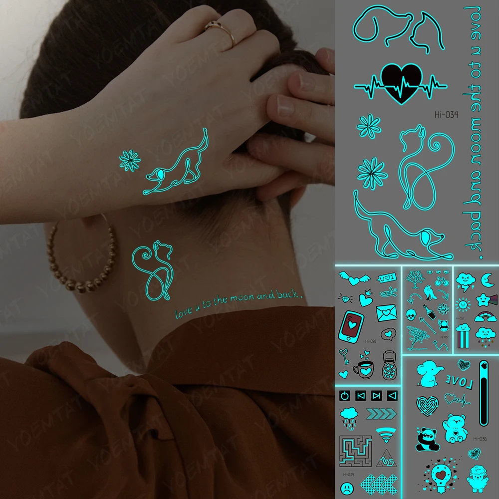 

Heart-Shaped Luminous Tattoos Line Cat Dog Daisy Blue Glow English Words Waterproof Temporary Tattoo Stickers Women Men Couples