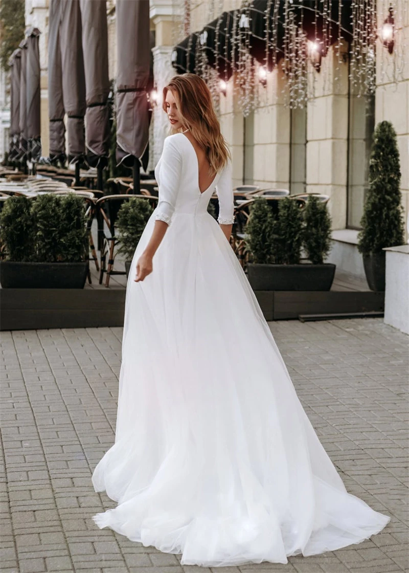 simple Boho Beading Elegant Wedding Dresses 3/4 Sleeve V-neck Open Back Tulle Beach Bridal Gowns Simple Cheap Wedding Gowns