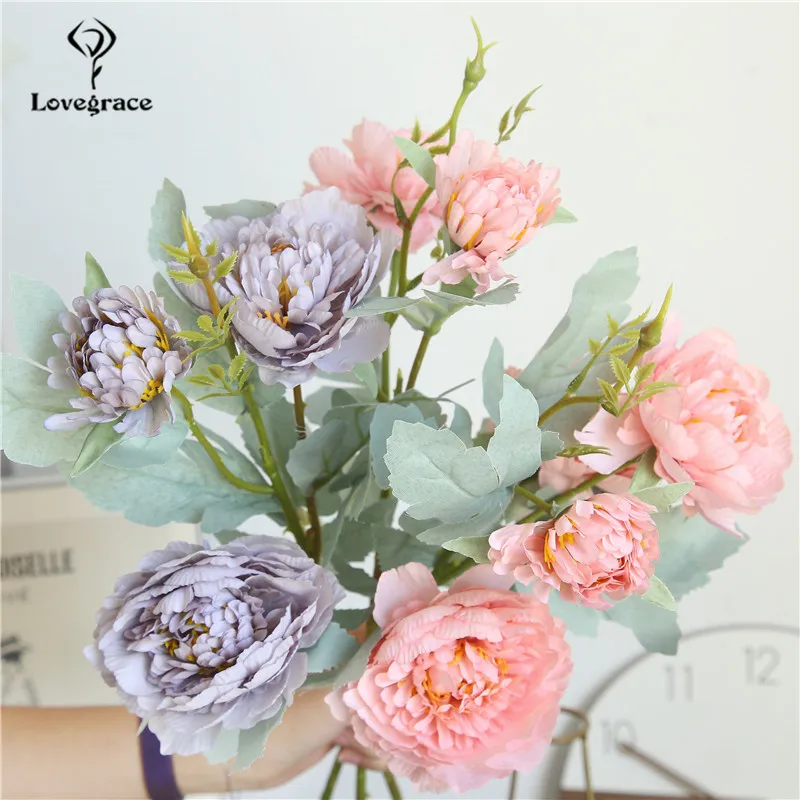 Roses Artificial Flowers for Wedding Wall Fake Flowers White Home Decoration Plastic Long Branch 3 heads Pink Rose Silk Flowers