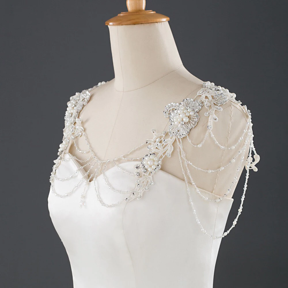 Bridal Tassel Pearl Shoulder Chain Jewelry Bridal Shawl Inlaid Rhinestone Handmade Flower Design Crystal  Body Chain