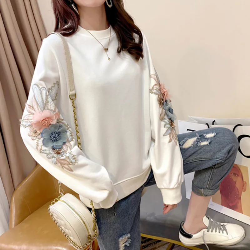

High Quality 2021 Fashion Designer Runway Spring Women's Long Sleeve Flower Embroidery Pullover Sweatshirt Casual Female