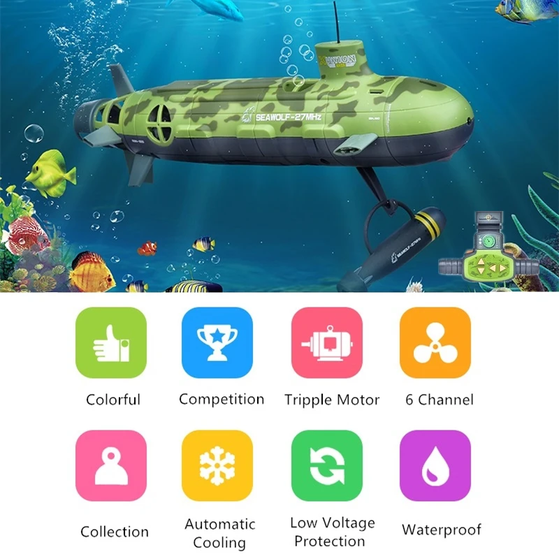 Tripple Motor RC Submarine 6CH Automatic Cooling Waterproof  Low Voltage Protection Electric Underwater Children's RC Toy Modle