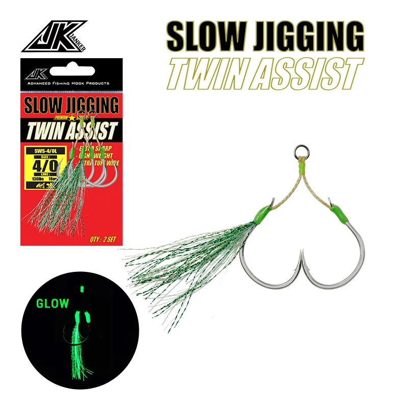 

JK SWS Fishing Hook Jig 1/0 2/0 3/0 4/0 5/0 6/0 Ocean Boat Fishing Slow Jigging Twin Assist Hooks