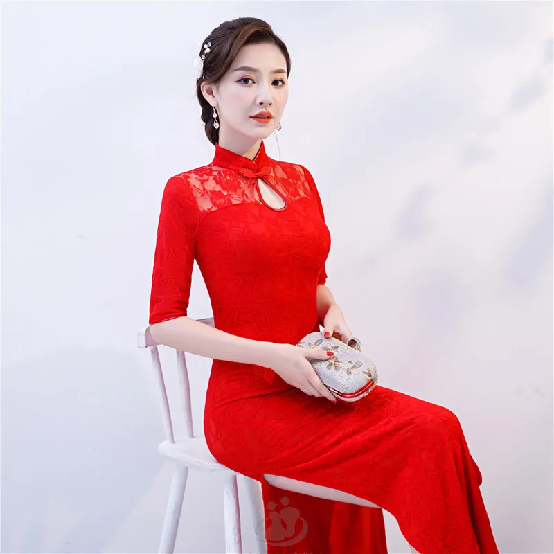 Women New Cheongsam Dress Elegant Show Costume Long Dresses Half Sleeve Chinese Style Qipao Female Red Wedding Dress