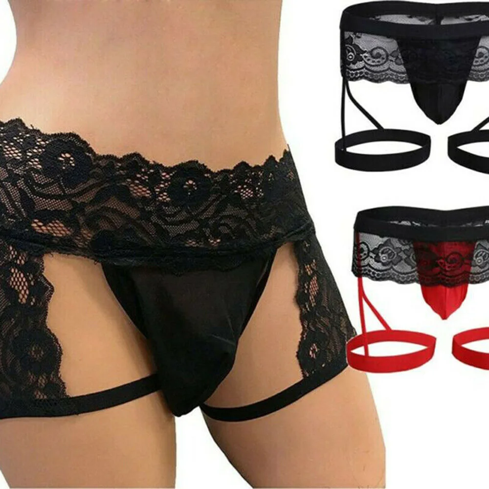 Men\'s Sexy Sissy Underwear Lace Thongs Enhance Pouch Bikini Briefs Men G-Strings Gay Penis Pouch Men Underpants