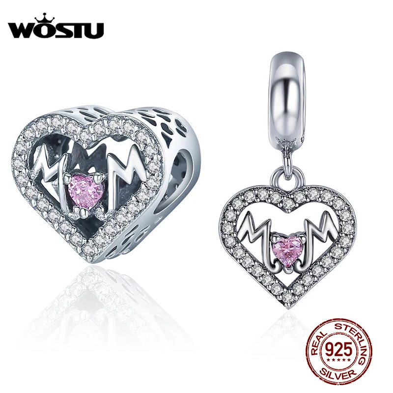 WOSTU 100% 925 Sterling Silver MOTHER MUM Heart Charms Fit Original Charm Bracelet Authentic Jewelry Accessories Making C395