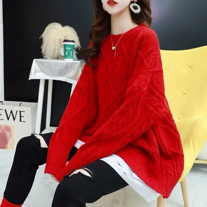 Autumn O-Neck Long Sleeve Knitted Sweater Women Jumper Ladies Fake Two Loose Fashion Red Pink Blue Knitting Pullover Tops Female