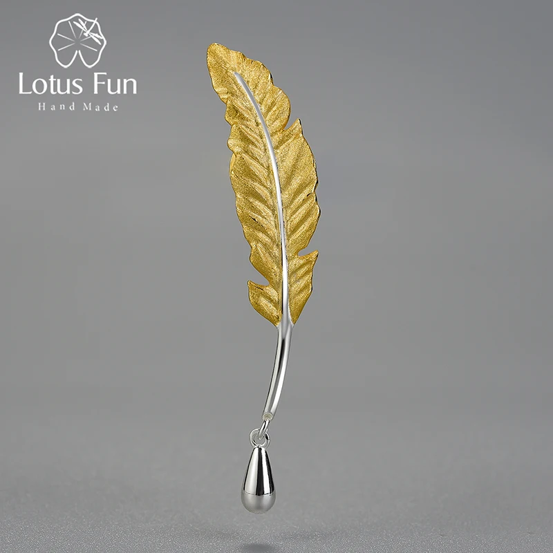 Lotus Fun Vintage Luxury 18K Gold Long Goose Feather Brooches Pin for Women Real 925 Sterling Silver Accessories Fine Jewelry