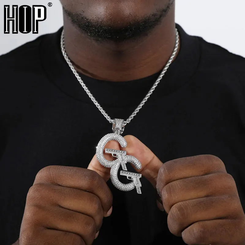 Hip Hop Gun Double C letter Baguette Stones Pistol Shape Cubic Zircon Solid Back Necklaces & Pendants For Men Charm Jewelry