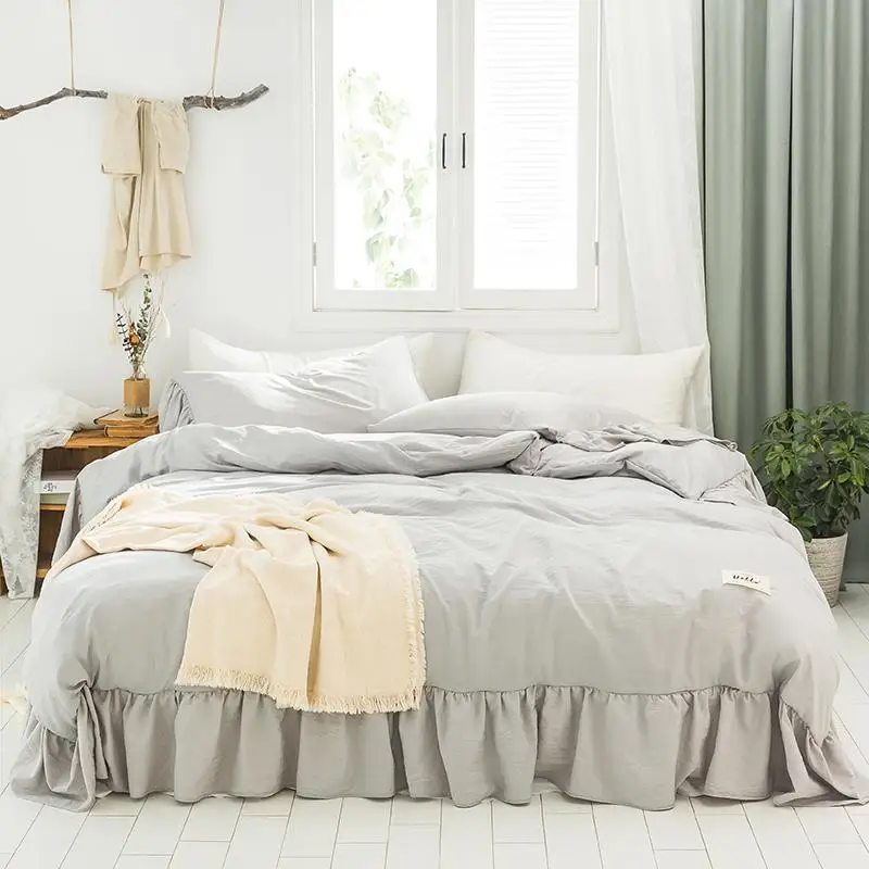 

41 Yellow White Gray Blue Soft Washed Cotton Girl Bedding set Solid Color Ruffles Duvet Cover Bed Linen Fitted Sheet Pillowcases