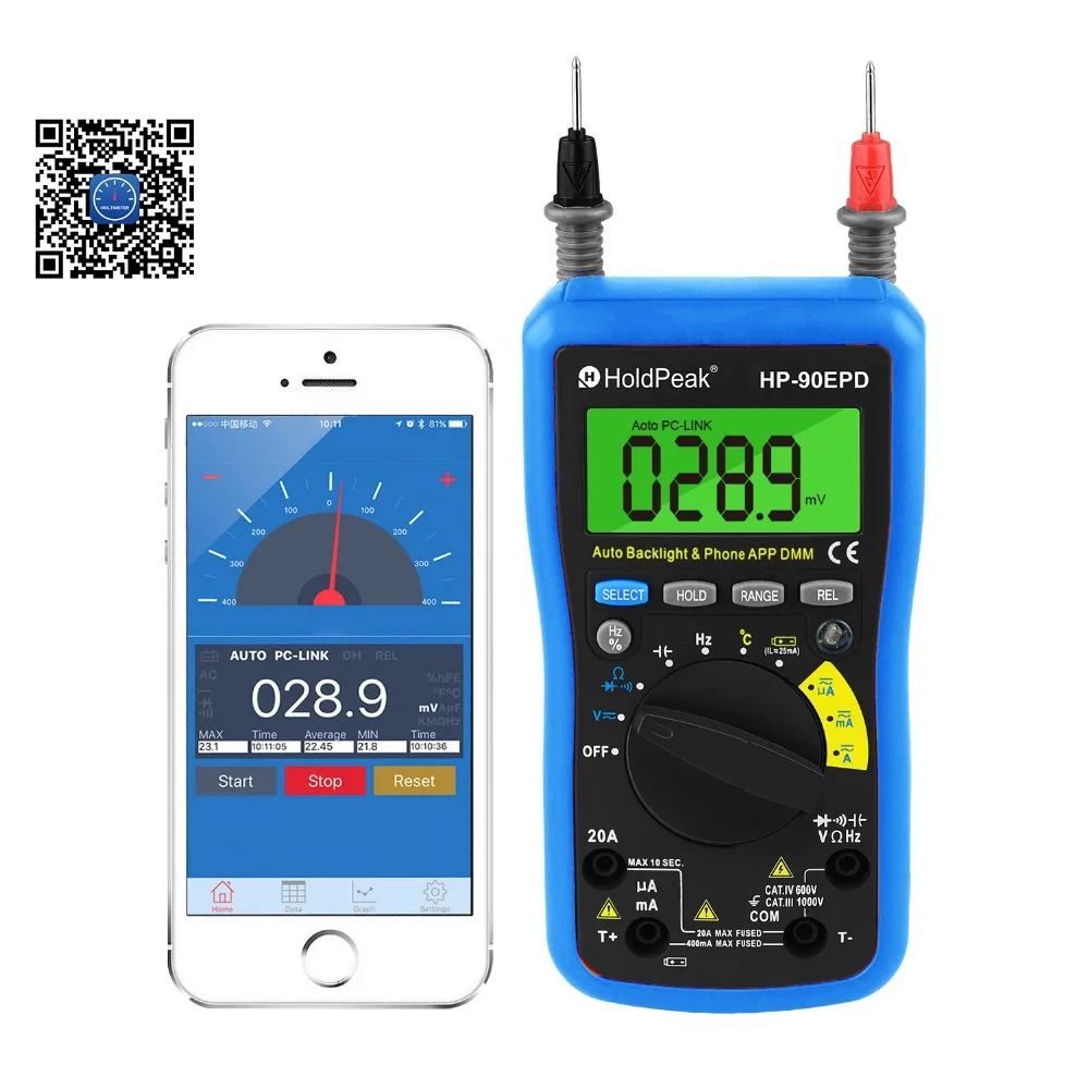 Mobile APP Auto range multimeter true rms AC DC Voltage Current ResistanceCapacitance Frequency Back light,HoldPeak HP-90EPD